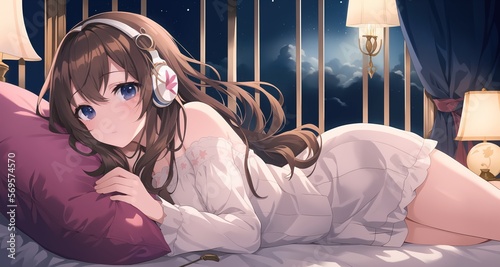 A beautiful Lo-fi girl chilling at night. Generative AI