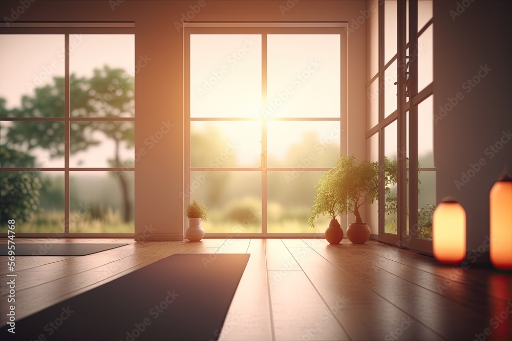 Clean and clam yoga studio with beautiful nature view. Interior design. Generative AI Clean and clam yoga studio with beautiful nature view. Interior design. Generative AI