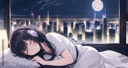A beautiful anime Lo-fi girl chilling at night. Generative AI