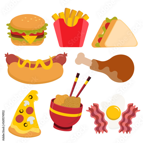 fast food icon set. burger, fries, sandwich, hotdog, chicken, pizza, noodle, egg and bacon illustrations