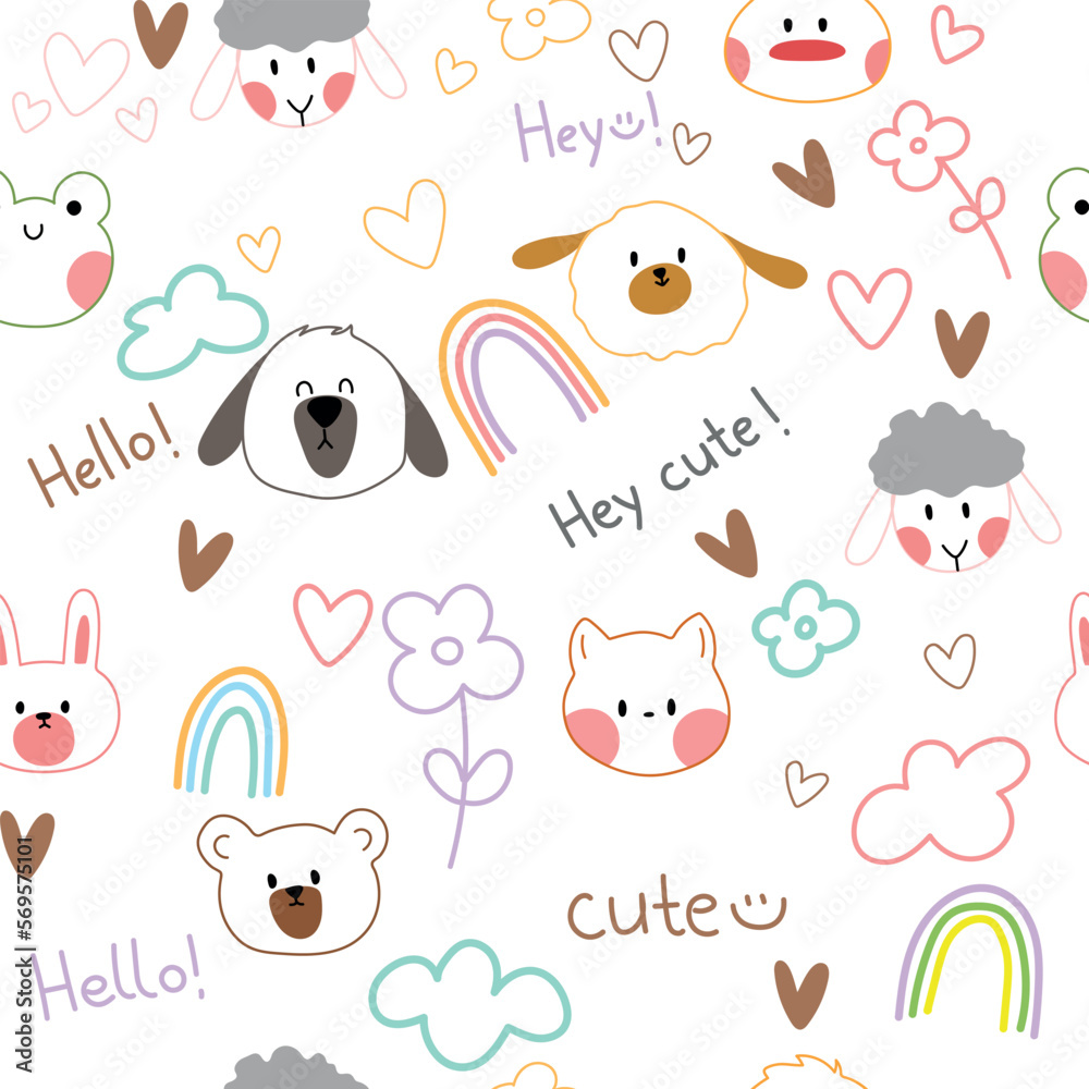 Obraz premium Seamless Vector illustration of Doodle cute for kid, Hand drawn set of cute doodles for decoration,Funny Doodle Hand Drawn, Summer, animal, flowers, hearts, rainbow.