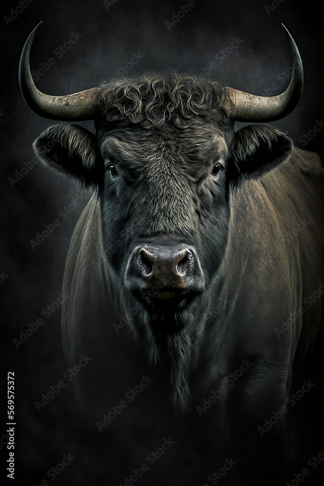 Bull portrait in front of dark background, generative AI Bull portrait in front of dark background, generative AI