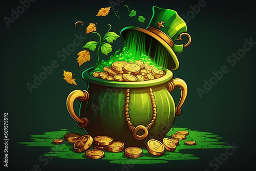 Pot full of gold coins and leprechaun hat, Saint Patrick Day, created with Generative AI