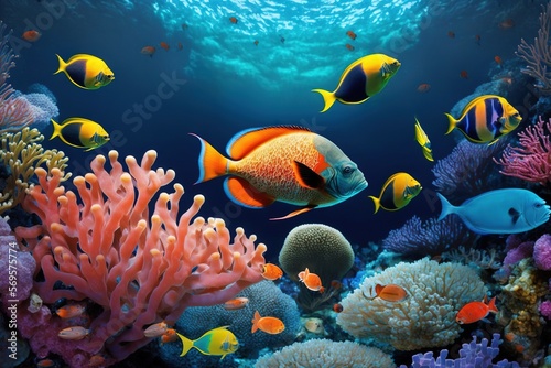  a group of fish swimming around a coral reef in a blue ocean with corals and other marine life in the background, with sunlight shining on the water surface. Generative AI © Anna