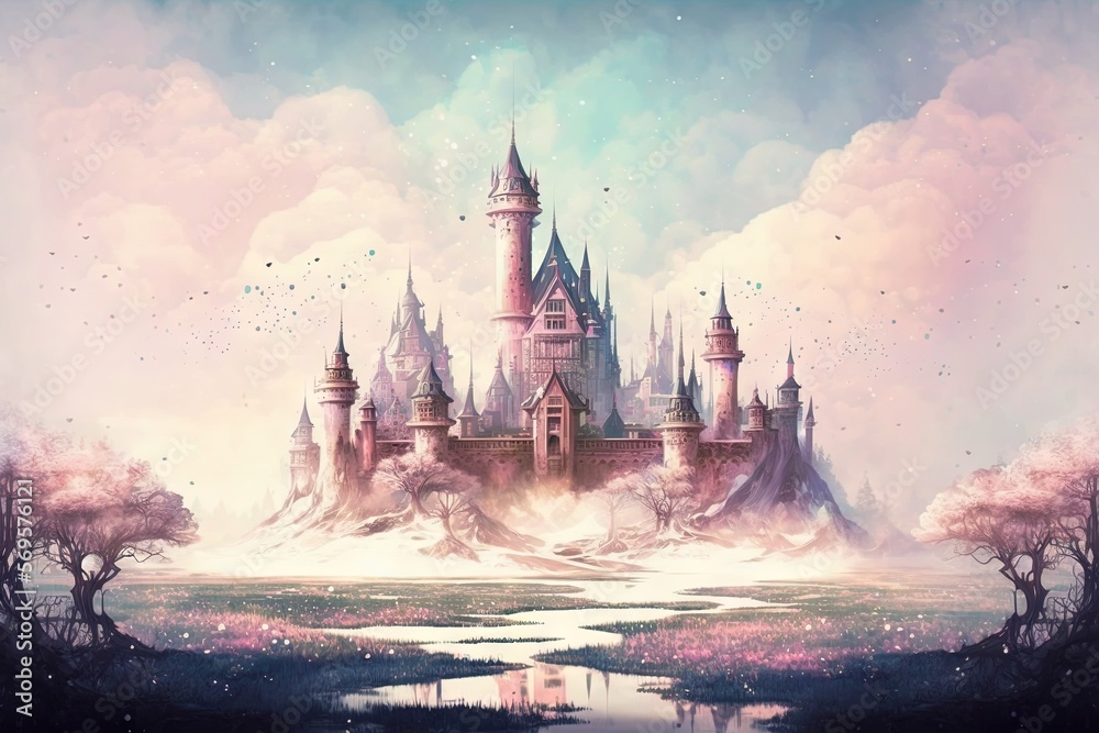 Dreamlike Castle in Pastel Colors - A Magical Medieval Kingdom Illustration 2. Generative AI.