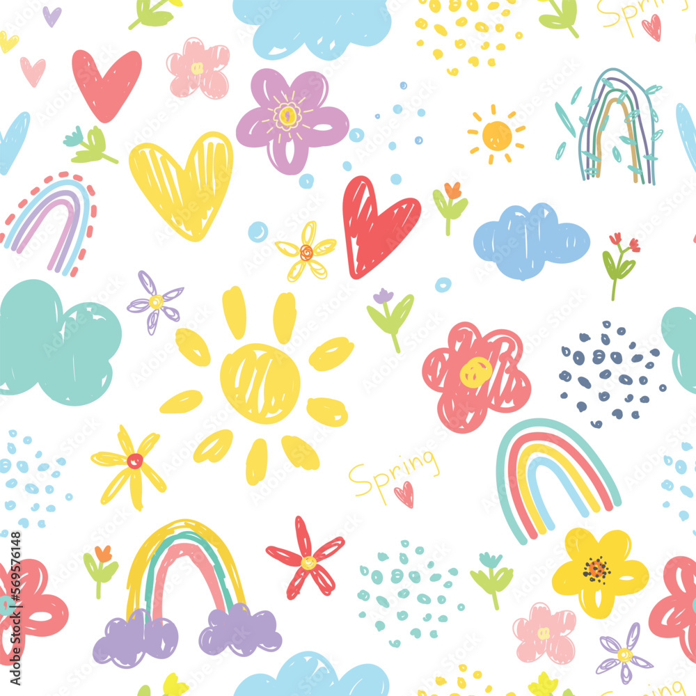 Seamless pattern with sun, clouds, flowers, hearts and polka dots.