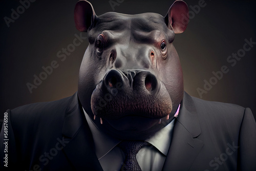 Portrait of a hippo in elegant business suit outfit. Serious boss concept.  
Digitally generated AI image. photo