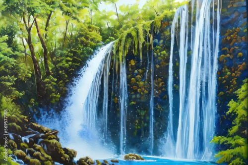 Beautiful waterfall in the forest, watercolor. AI generated.