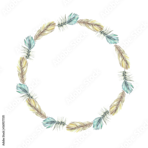 Wreath of bird feathers. Watercolor illustration. Place for text or inscription. Isolated on a white background. For stickers, vintage postcards