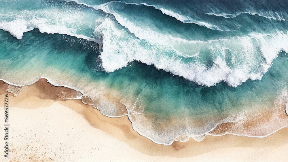 Aerial top bird eye view beach by watercolor brush painting in brown sand blue sea wave for backgrounds or banner generative ai. - obrazy, fototapety, plakaty 