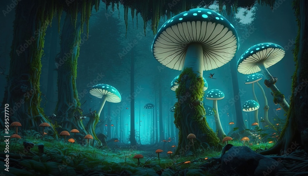 a group of mushrooms that are in the forest at night time, with glowing ...