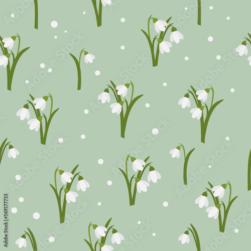 Spring floral background. Seamless pattern with snowdrops.