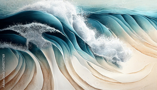 Aerial top bird eye view beach by watercolor brush painting in brown sand blue sea wave for backgrounds or banner generative ai.