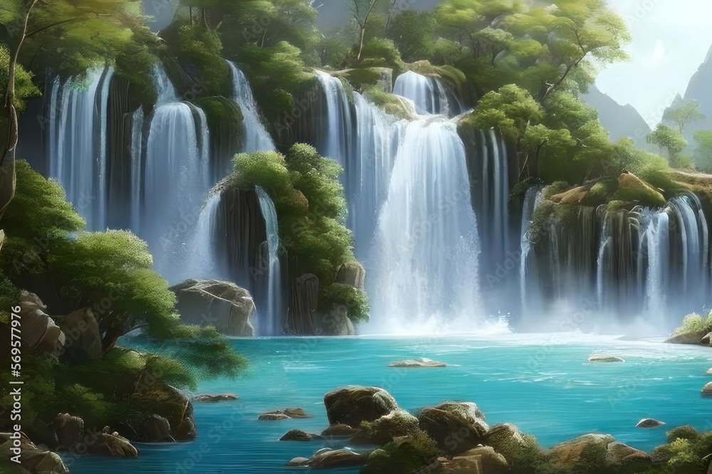 Obraz premium Beautiful waterfall in the jungle. AI generated.