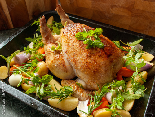Side view of seasoned whole chicken prepared in a roasting tin with different vegetables and herbs
