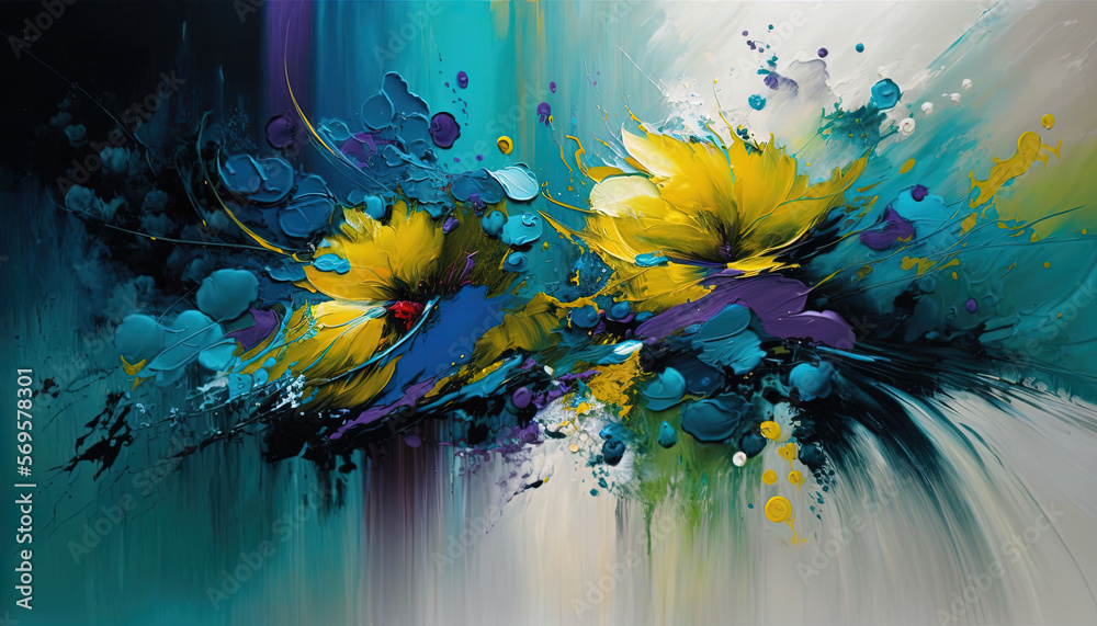 a painting of yellow and blue flowers on a white background with blue ...