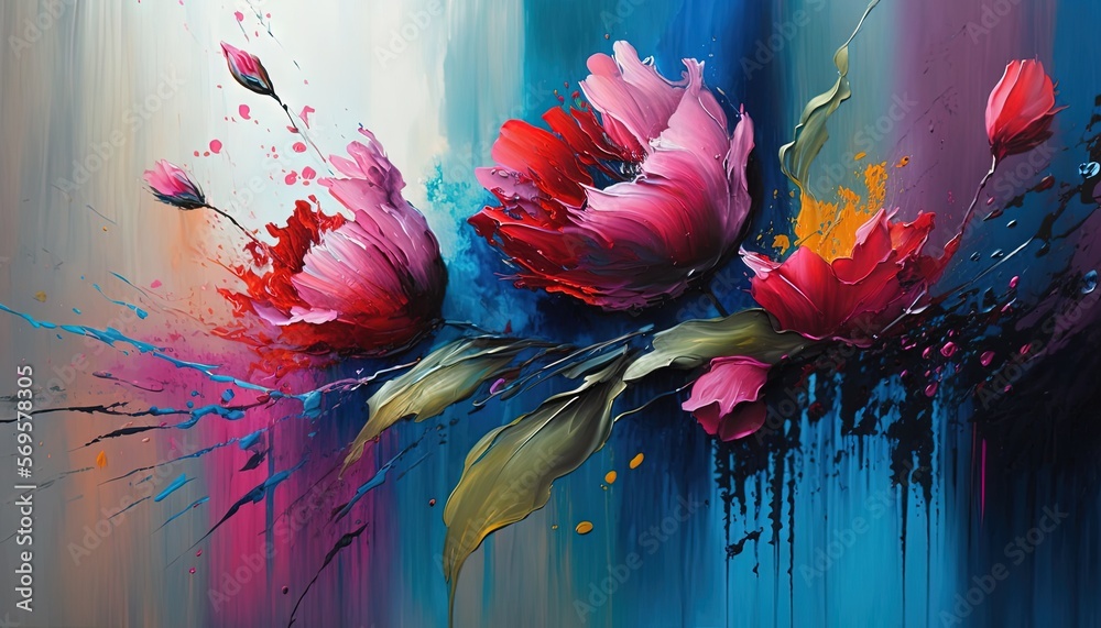 a painting of pink flowers on a blue and white background with splashes ...