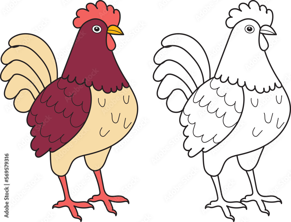 rooster cartoon coloring book on white background vector - obrazy, fototapety, plakaty 