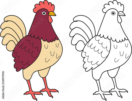 Leinwand Poster rooster cartoon coloring book on white background vector