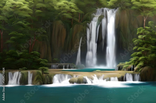 Waterfall in the jungle. AI generated.