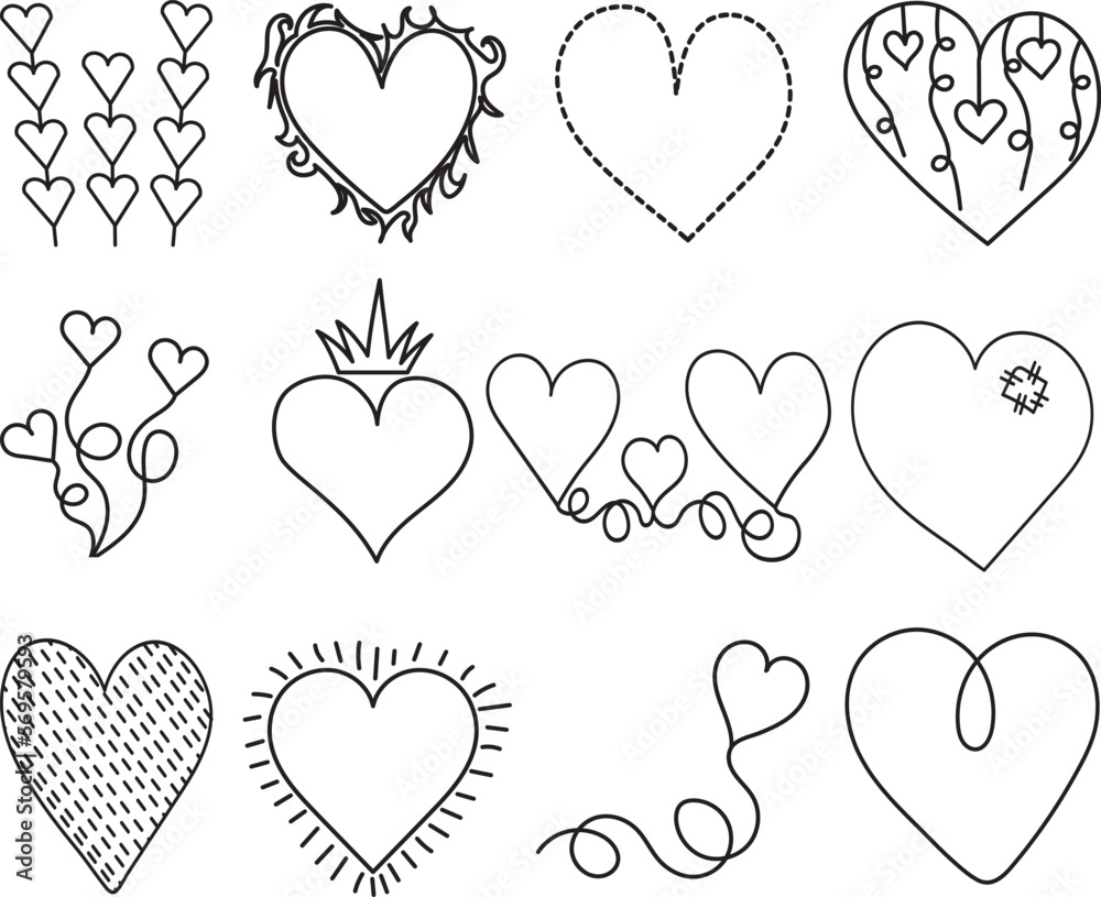 set of sketch doodle hearts on white background vector