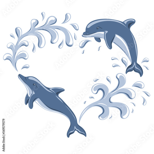 Heart shaped frame with jumping dolphins and water drops