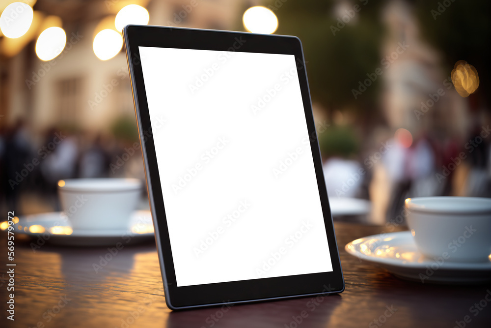 Tablet computer with blank screen cut out on blurred street cafe background. Copy space. Generative AI Tablet computer with blank screen cut out on blurred street cafe background. Copy space. Generative AI