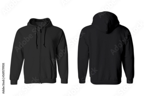 Blank black hoodie mockup isolated over white background. 3d rendering. hooded sweatshirt, men's hooded jacket for your design mock up, front and back view. photo
