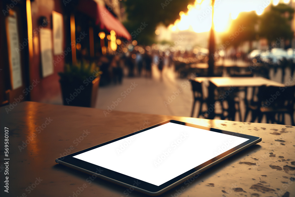 Tablet computer with blank screen cut out on blurred street cafe background. Copy space. Generative AI Tablet computer with blank screen cut out on blurred street cafe background. Copy space. Generative AI