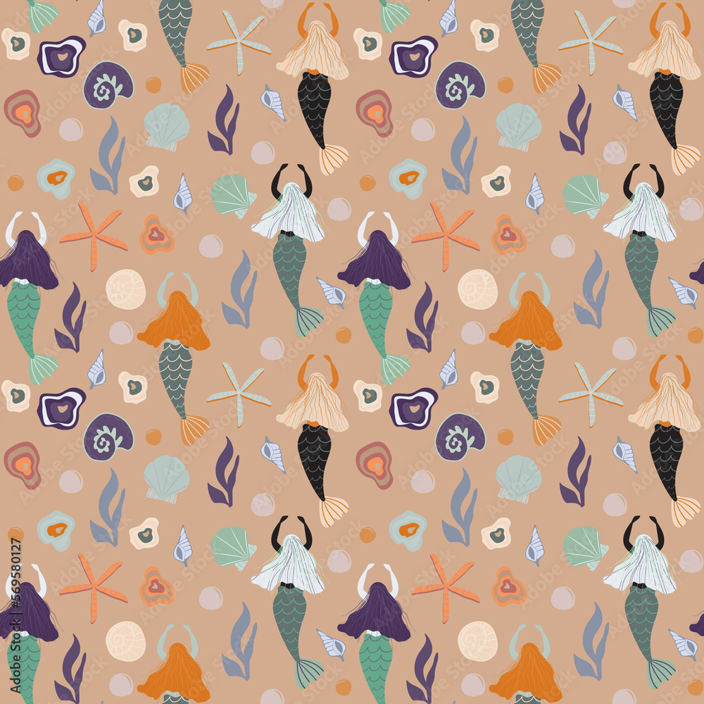 Seamless mermaid pattern, Under sea repear design, Swimming girls magic