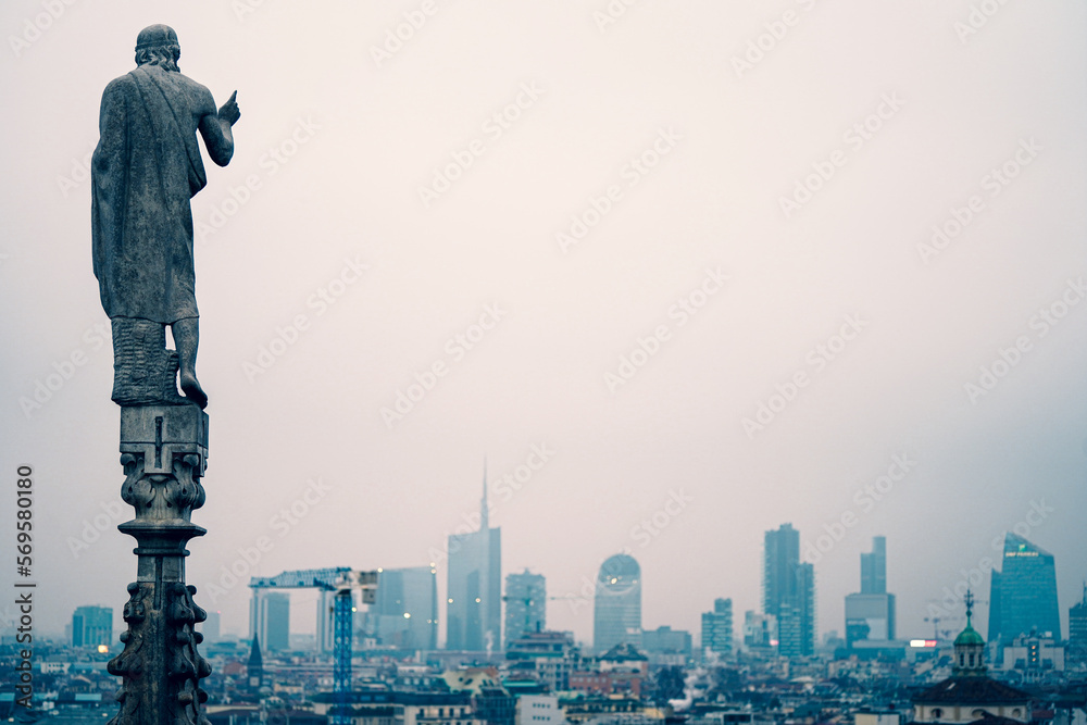 Naklejka premium view of misty Milan from its Dome