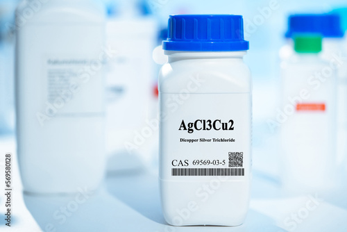 AgCl3Cu2 dicopper silver trichloride CAS 69569-03-5 chemical substance in white plastic laboratory packaging photo