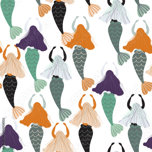 Seamless mermaid pattern, Under sea repear design, Swimming girls magic endless design,  Cartoon character wallpaper,  FModern flat design background perfect for fabrics, wallpaper, wraping paper photo