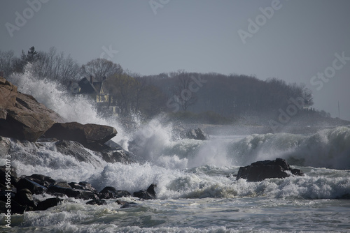 Ocean waves crashing on a rocky shore
