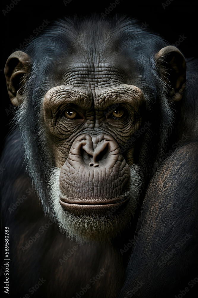 Naklejka premium Dramatic portrait of a chimp, generative AI