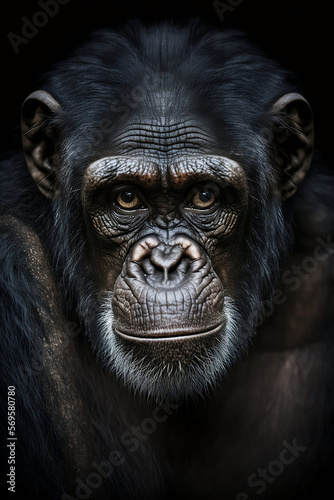 Dark portrait of a chimpanzee, generative AI © Cdric
