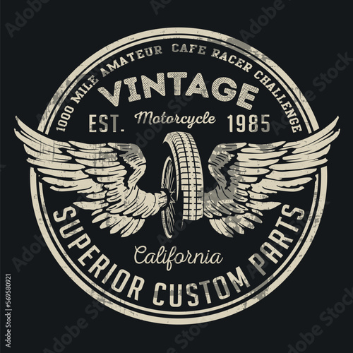 Wheel and wings in vintage style. Emblem, symbol, for t-shirt graphic, posters and other uses.
