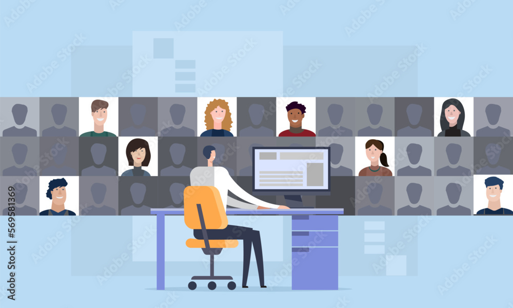 Digital communication, business concept office online, remote meeting computer, laptop work, vector illustration Digital communication, business concept office online, remote meeting computer, laptop work, vector illustration