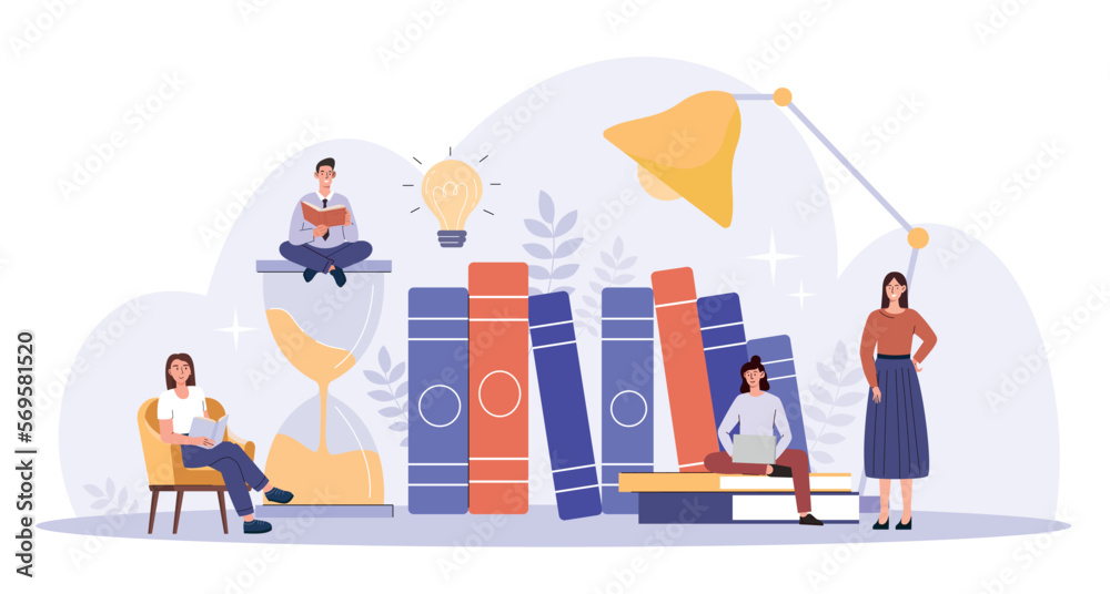 Self development concept. Men and women with big books, education, learning and training, information and knowledge. Career and ambition, motivation, practice. Cartoon flat vector illustration Self development concept. Men and women with big books, education, learning and training, information and knowledge. Career and ambition, motivation, practice. Cartoon flat vector illustration