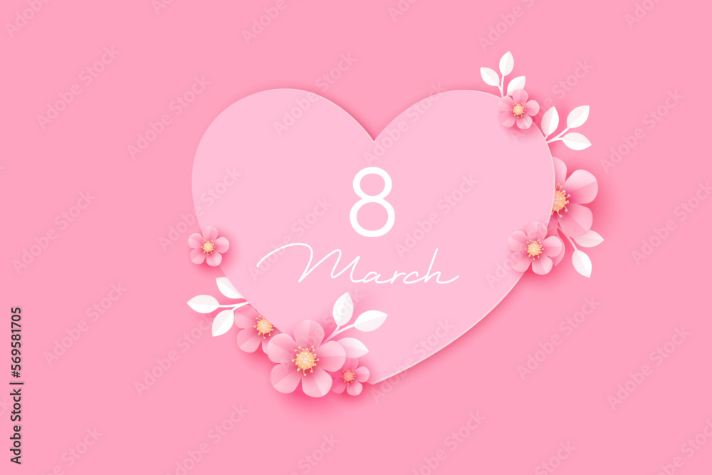 8 March.  International Women's Day greeting card. Paper art pink heart,  flowers, leaves, lettering. 