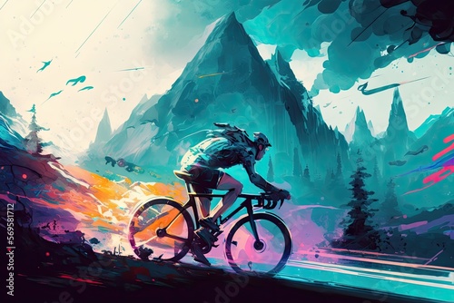 Ciclista andando de bicicleta, pintado à mão, fundo de arte conceitual, artstation. Generative AI.