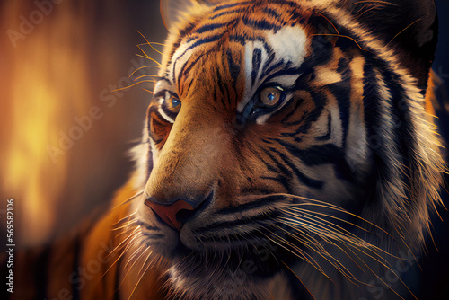 Wild beautiful tiger close-up. Cinematic lights. Digitally generated AI image.