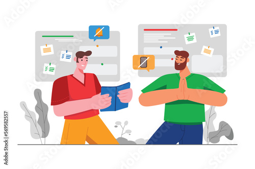 Digital detox gray concept with people scene in the flat cartoon design. Two man decided to take a break from digital gadgets and rest. Vector illustration.