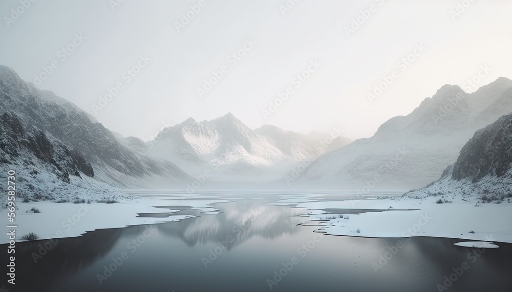 Fototapeta premium a lake surrounded by snow covered mountains in the middle of a winter day with a few clouds in the sky and a few snow on the ground. Generative AI