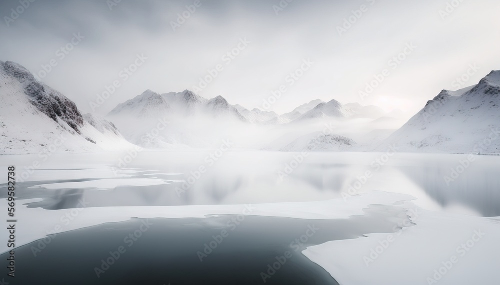  a lake surrounded by snow covered mountains under a cloudy sky with a few clouds in the sky and a few snow on the ground and one in the water. Generative AI