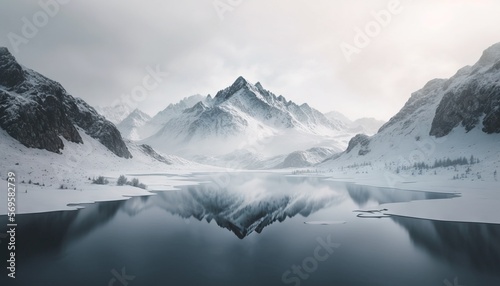 Fotografiet a snowy mountain range with a lake surrounded by snow covered mountains in the foreground and a cloudy sky in the background, with a few clouds in the foreground