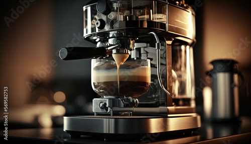  a coffee machine with liquid being poured into the cup of the coffee machine, on a countertop, with a coffee maker in the background. Generative AI
