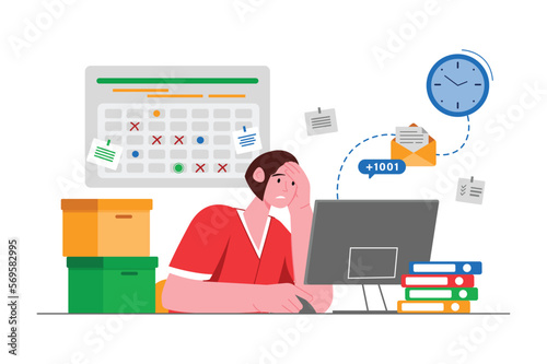 Deadline gray concept with people scene in the flat cartoon style. Employee is worried that he will not be able to complete all the tasks before the deadline. Vector illustration.