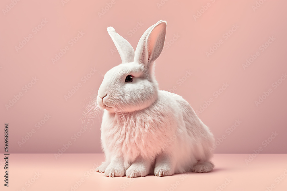 Obraz premium Cute easter bunny with easter eggs. Easter holiday concept created with Generative AI