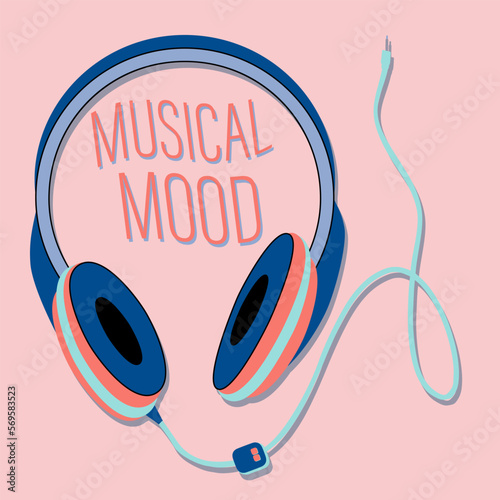 Headphones banner musical mood. Vector illustration.